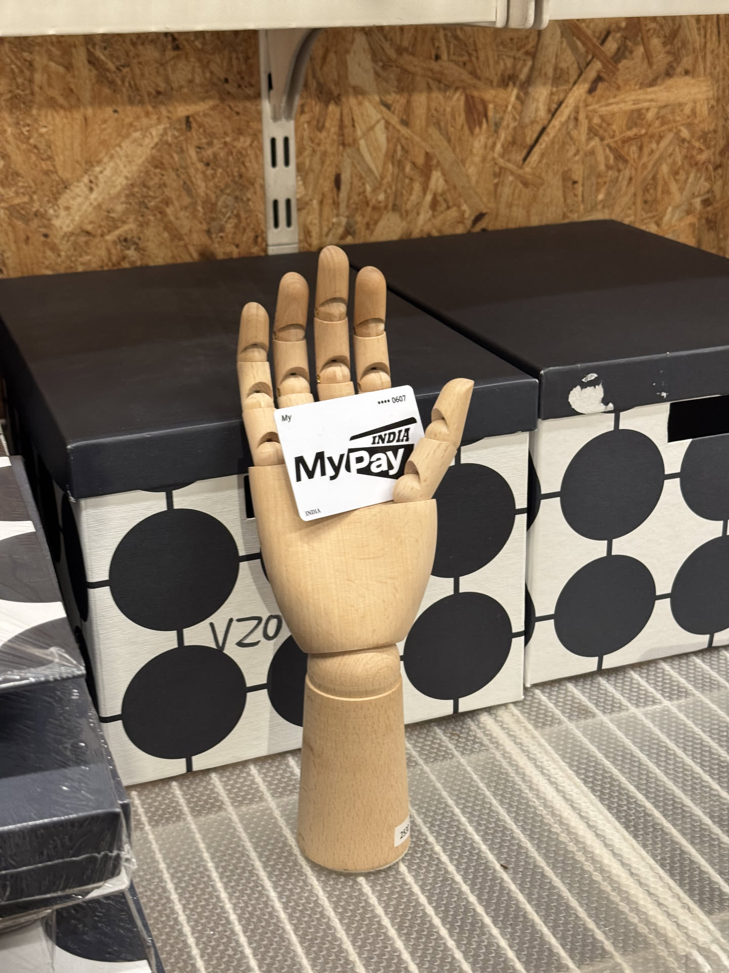 MyPayIndia Card placed on the IKEA wooden hand decoration
